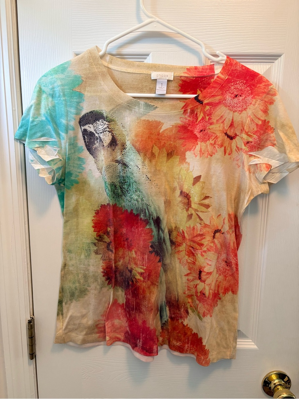 Chico's Floral Parrot Print Short Sleeve Top - Multicolor Size 1